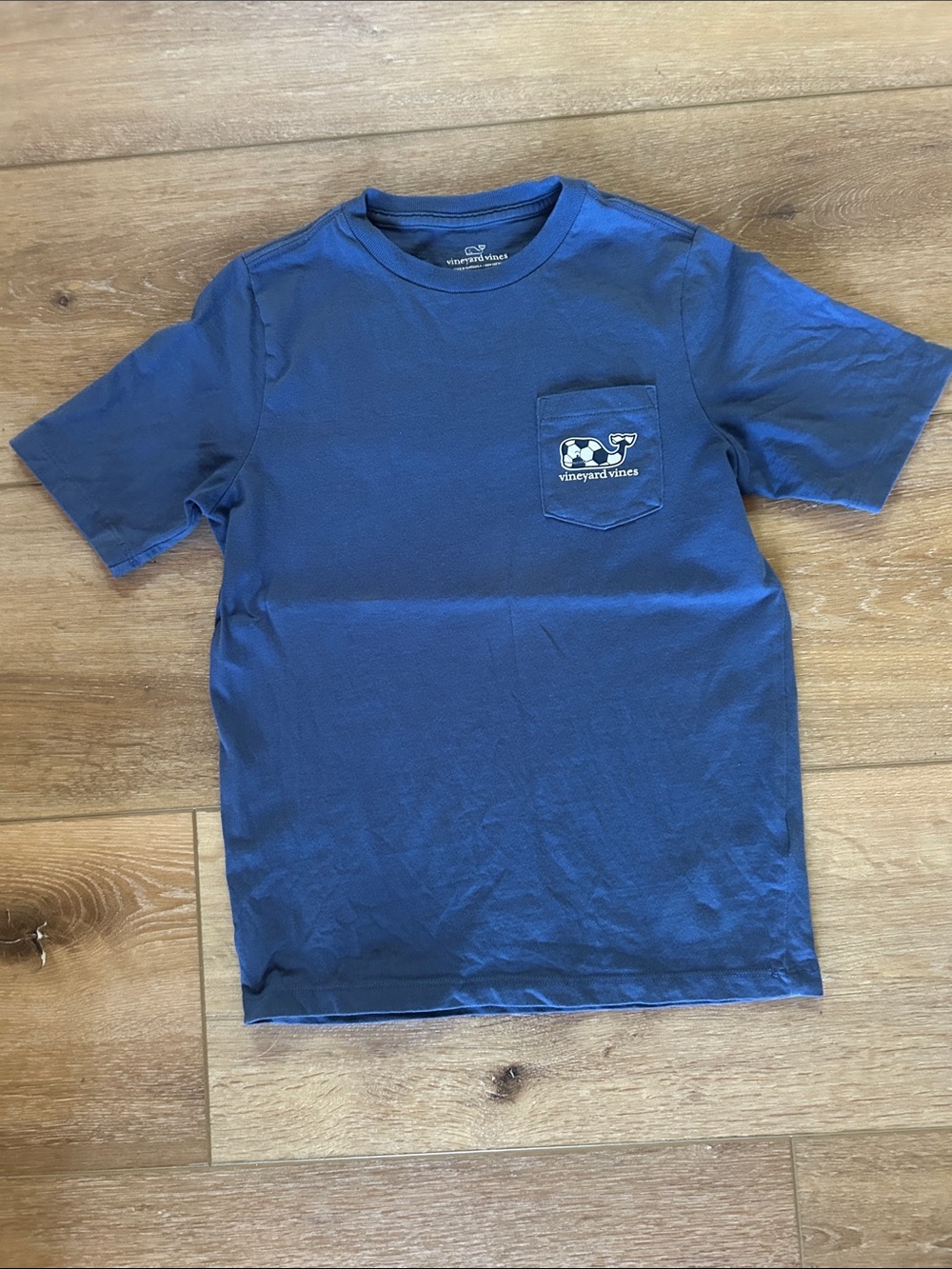 Boys Vineyard Vines Blue Short Sleeve Pocket Tee with Whale Soccer Graphic